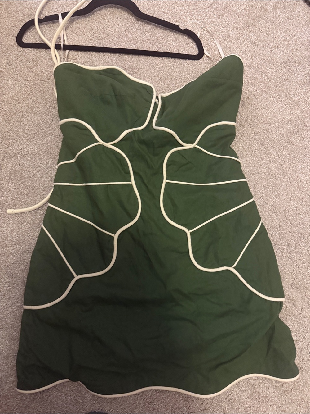 NWT, FARM Rio Anthropologie Green Wavy Linen Halter Mini Dress L originally $298 - Picture 3 of 9